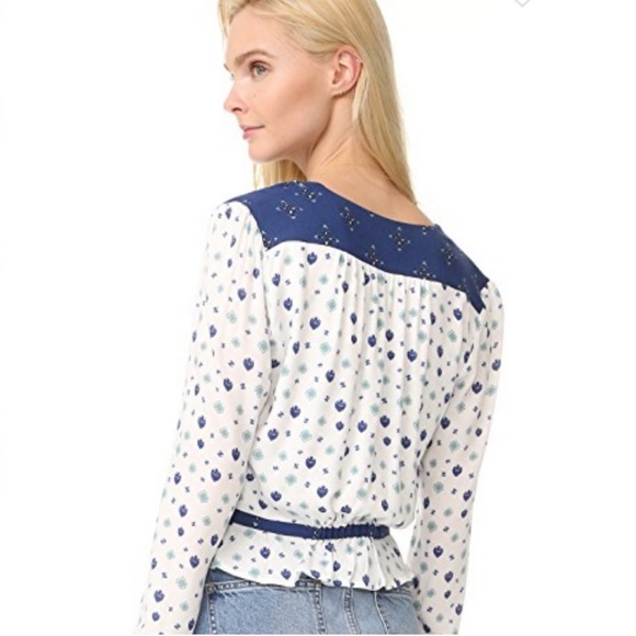 Free People Mixed Media Blue Geo Print Wrap Surplice Plunge Ruffle Blouse Top - Picture 3 of 9